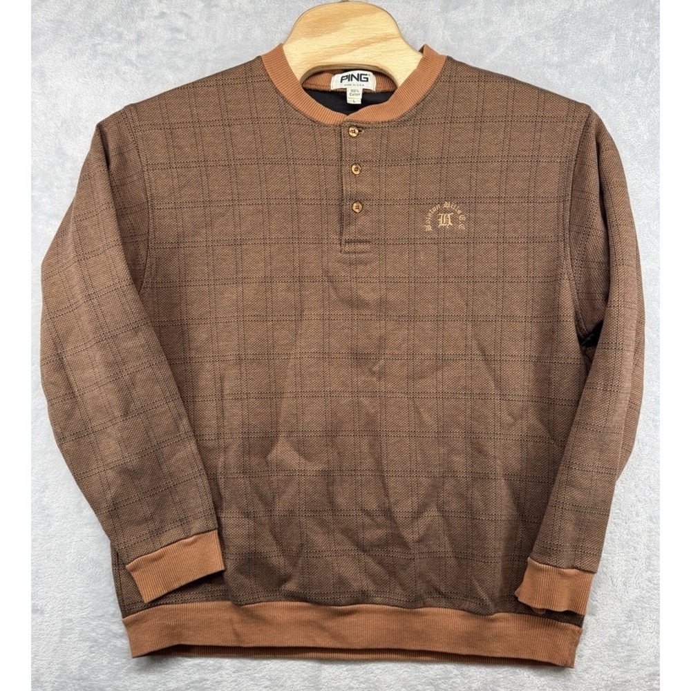 PING Cotton Windowpane Henley Sweatshirt Made in USA Club Logo Men's Size L READ